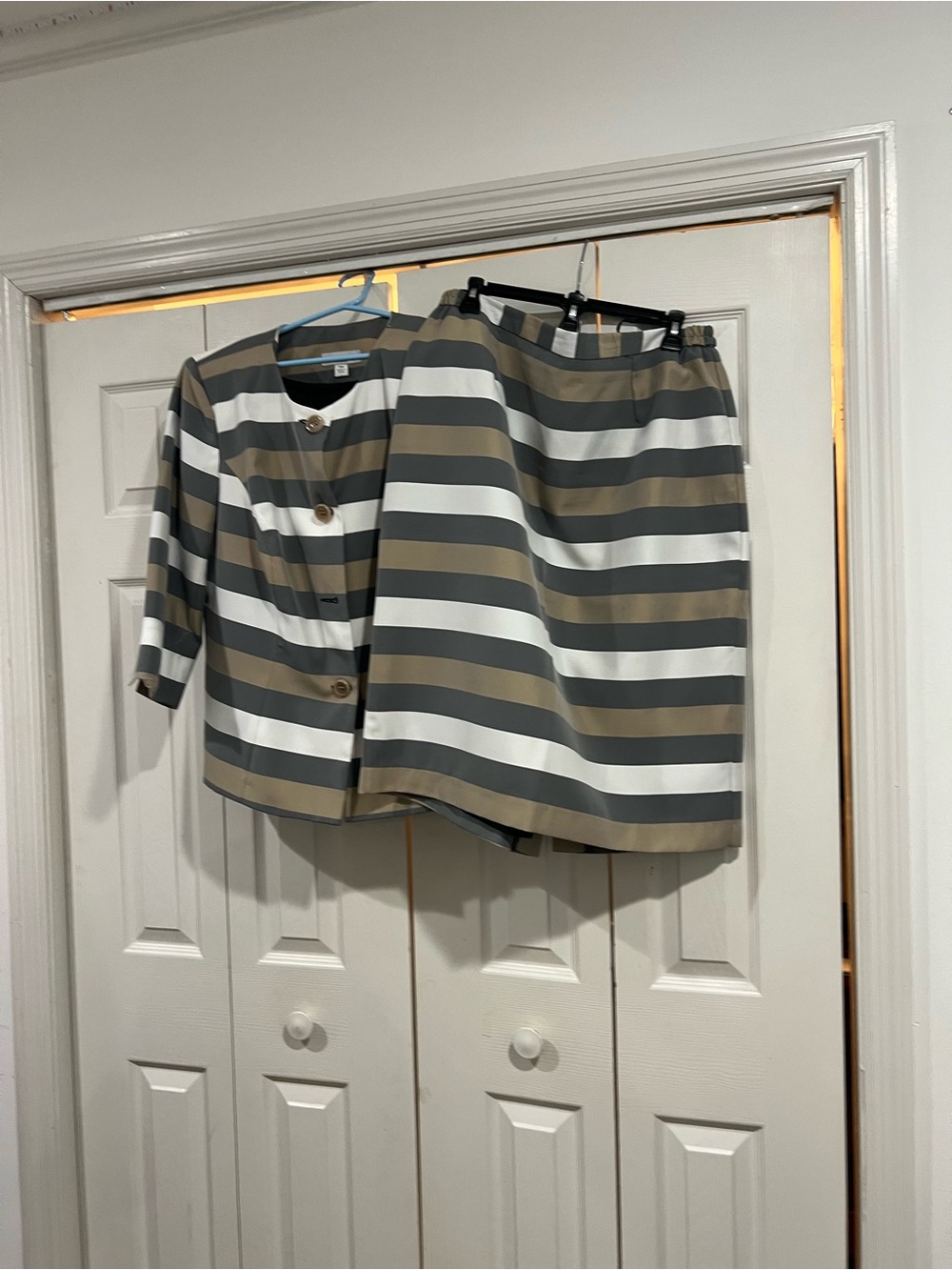 Striped Taupe & White Women's Jacket and Skirt Set
